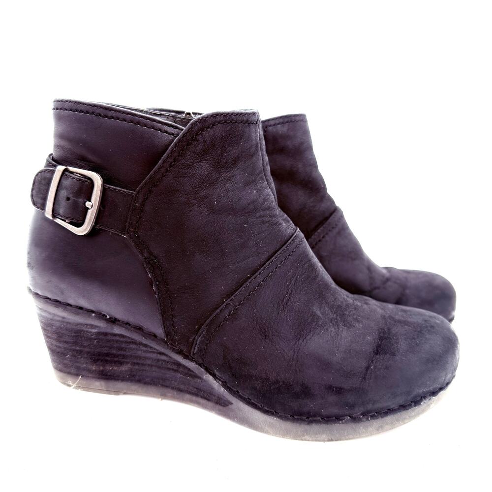 Dansko Women's Black Leather Shirley Buckle Zip Wedge Booties Boots Size 39 / 9